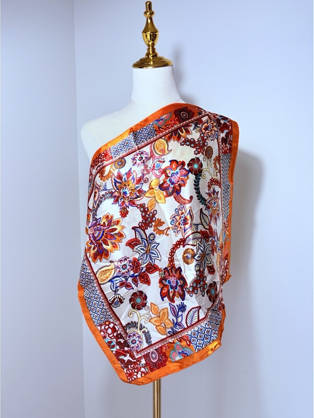 Women's Square Scarf Floral Flower Print Orange White Blue Red - Picture 2 of 5